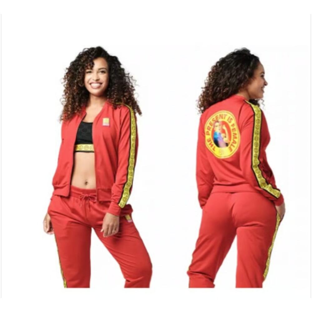 Zumba Spread Love Zip Up Tracksuit Set of 2 Red Jacket Large Pants Medium